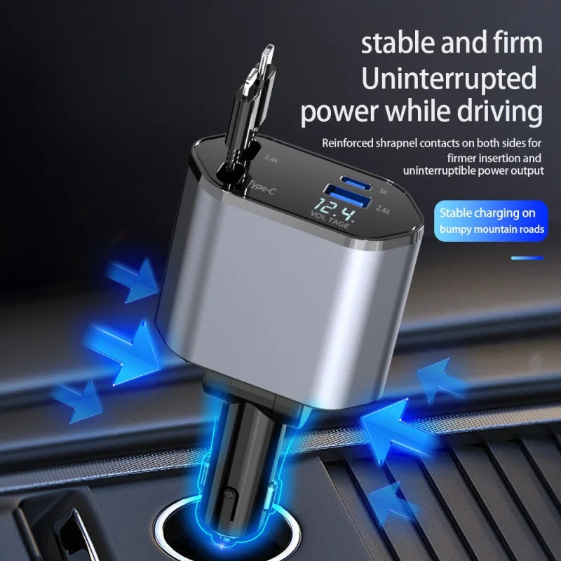 4-in-1 Car Charger 120W - Retractable Fast Charging