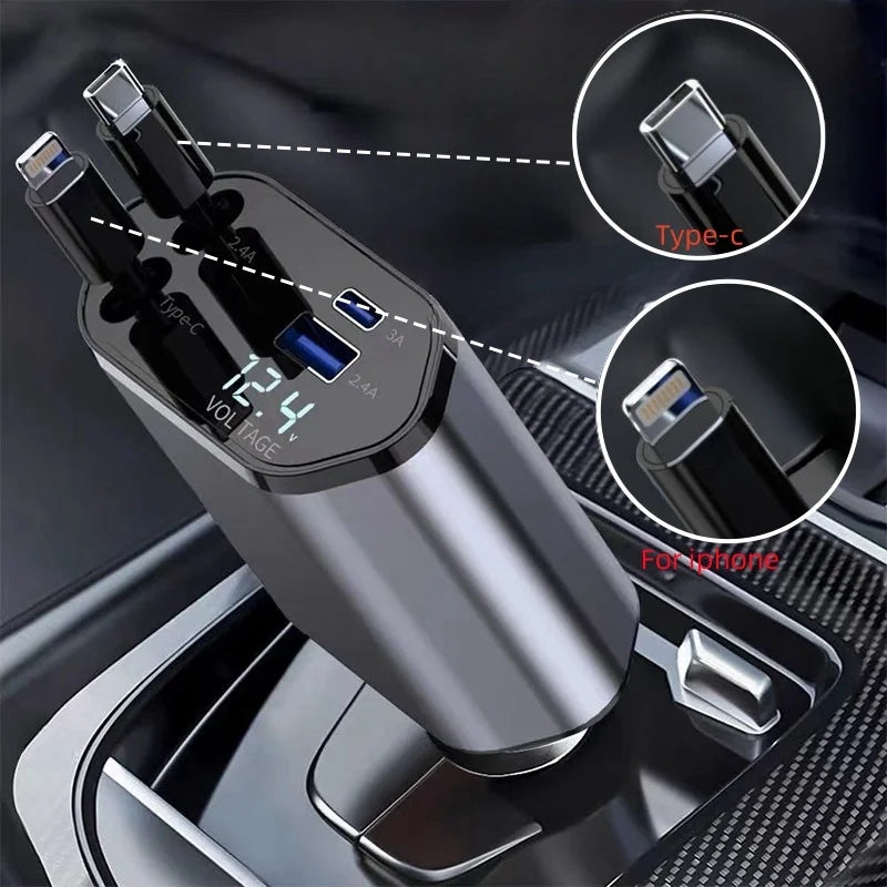 4-in-1 Car Charger 120W - Retractable Fast Charging