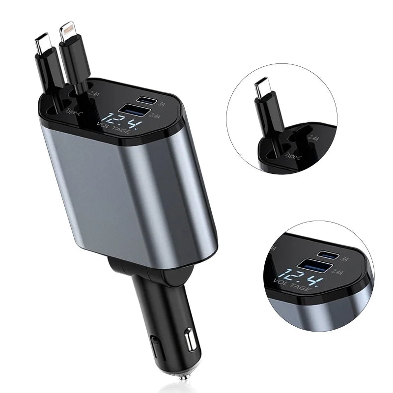 4-in-1 Car Charger 120W - Retractable Fast Charging
