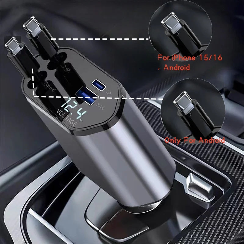 4-in-1 Car Charger 120W - Retractable Fast Charging