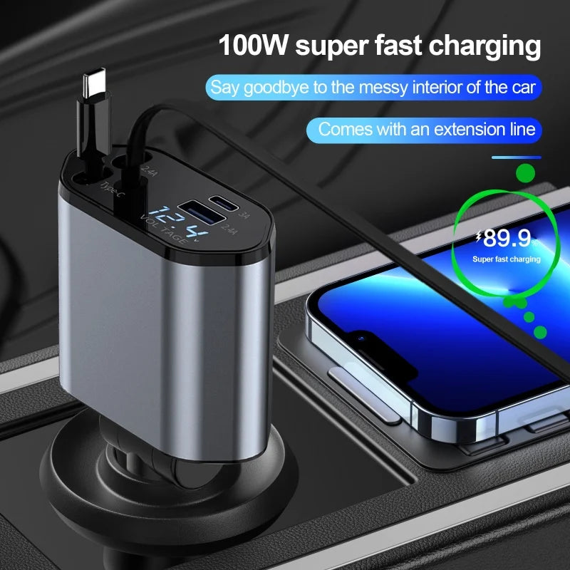 4-in-1 Car Charger 120W - Retractable Fast Charging